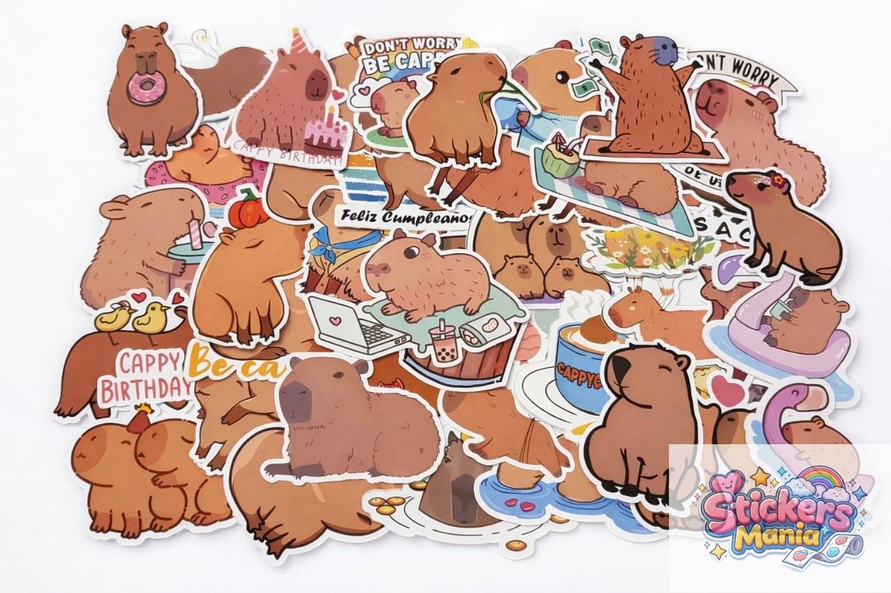 Pack 50 Stickers capibara Kawaii – Papel Fotográfico Brillante